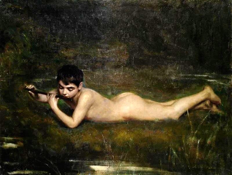 A boy playing a flute by a river (Мальчик, играющий на флейте у реки)