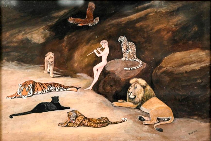 Nude boy playing the flute surrounded by relaxing beasts (Нагой мальчик, играющий на флейте в окружении отдыхающих зверей)