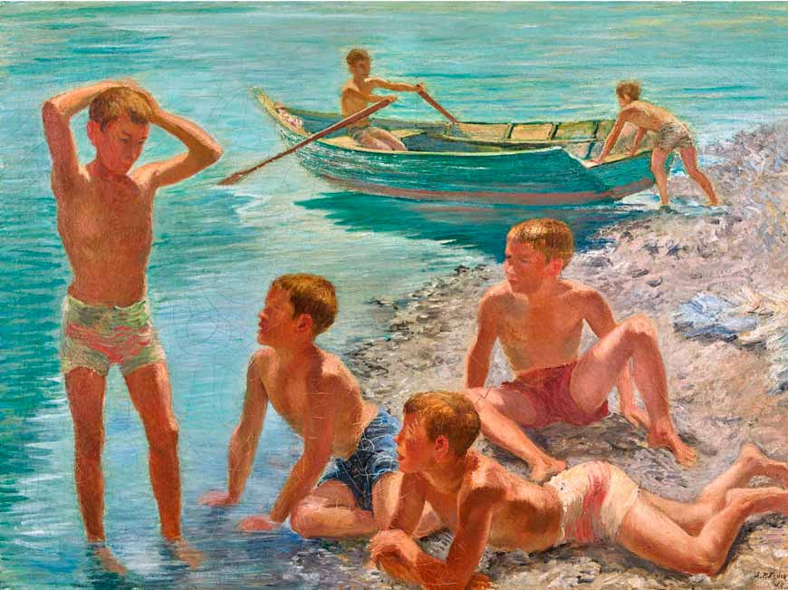 Jungen baden am Wasser (Купающиеся мальчики у воды), 1930