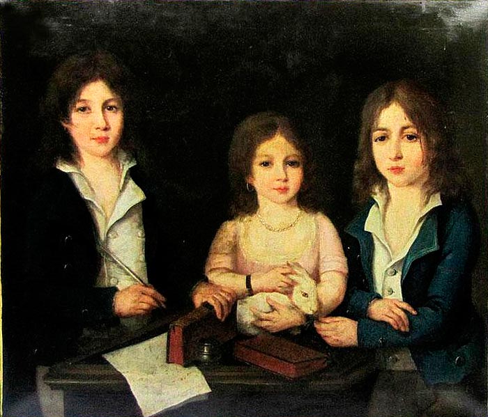 Portrait of two brothers and their sister holding a rabbit (Портрет двух братьев и их сестры с кроликом), c.1798