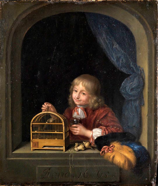 Knabe mit Vogelkäfig im Fenster (Мальчик с птичьей клеткой на окне), 1665