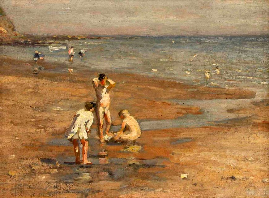 Runswick Bay, North Yorkshire, with children playing on a beach (Рансвик-Бей, Северный Йоркшир; дети играют на пляже)