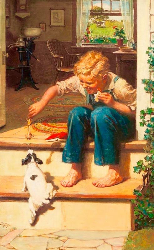 Boy feeding dog a bone (Мальчик кормит собаку костью), c.1926