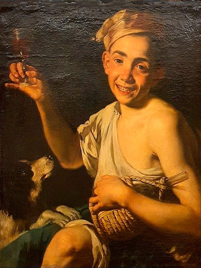 Ragazzo con fiasco di vino, bicchiere e cane (Мальчик с флягой вина, бокалом и собакой), c.1770