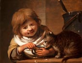 Мальчик, кормящий свою кошку