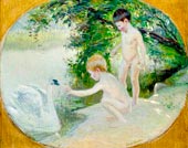 Мальчики, купающиеся и кормящие лебедей