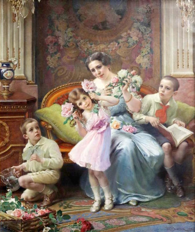 Pretty in pink, portrait of Marie Volejnikove with her children (Красотка в розовом, портрет Марии Волейниковой с детьми), 1916