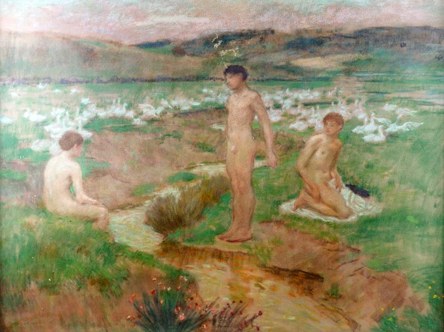 Boys bathing by a stream surrounded by geese (Мальчики, купающиеся в ручье в окружении гусей), 1911