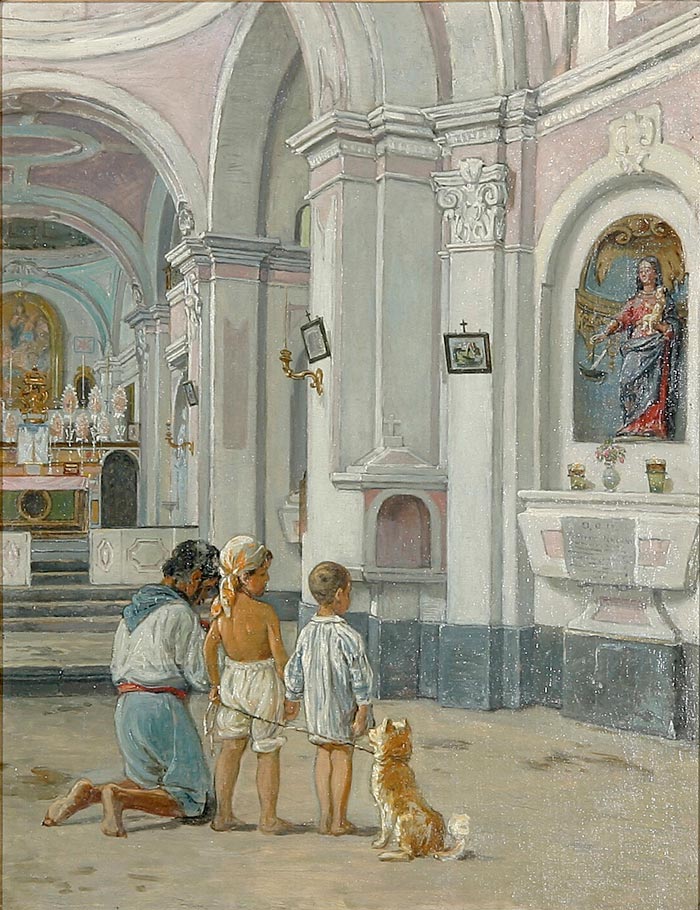 A father and two sons at a statue of Virgin Mary in the Sa. Maria del Bastimento (Отец и двое сыновей у статуи Девы Марии в церкви Са. Мария дель Бастименто)