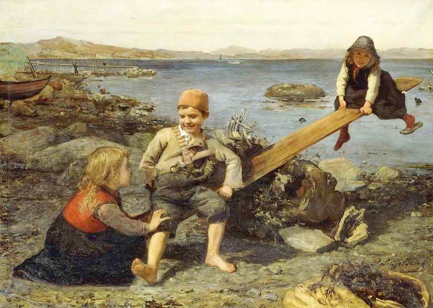 Fischerkinder auf einer Wippe am Strand (Дети рыбаков на качелях на пляже)