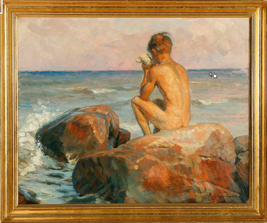 Coastal scene with a boy blowing a conch shell (Сцена на берегу с мальчиком, дующим в раковину)