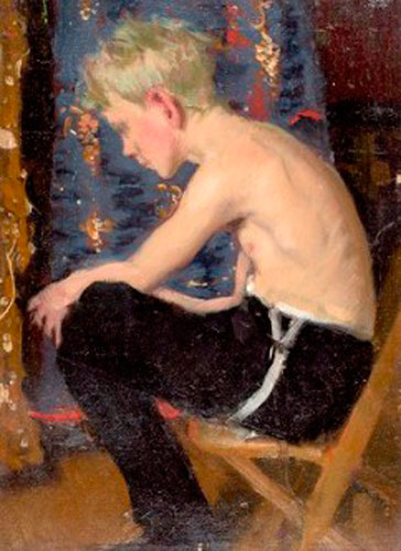 Profile Portrait of Shirtless Boy with Suspenders (Портрет мальчика без рубашки с подтяжками, в профиль)