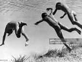 Three naked teenage boys diving into a river / Три голых подростка, ныряющих в реку