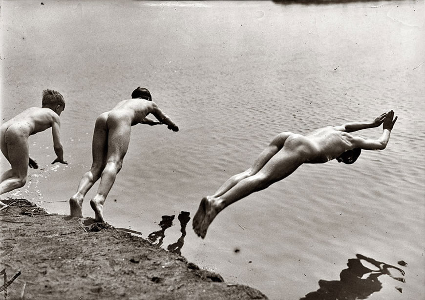 Three boys diving from mudbank (Три Ныряющих мальчика), c.1935; Acme News Photo archive, Library of Congress USA