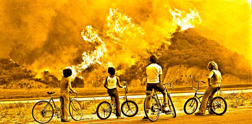 Boys on bicycles watching wildfire burn (Мальчики на велосипедах наблюдают за лесным пожаром), 1977