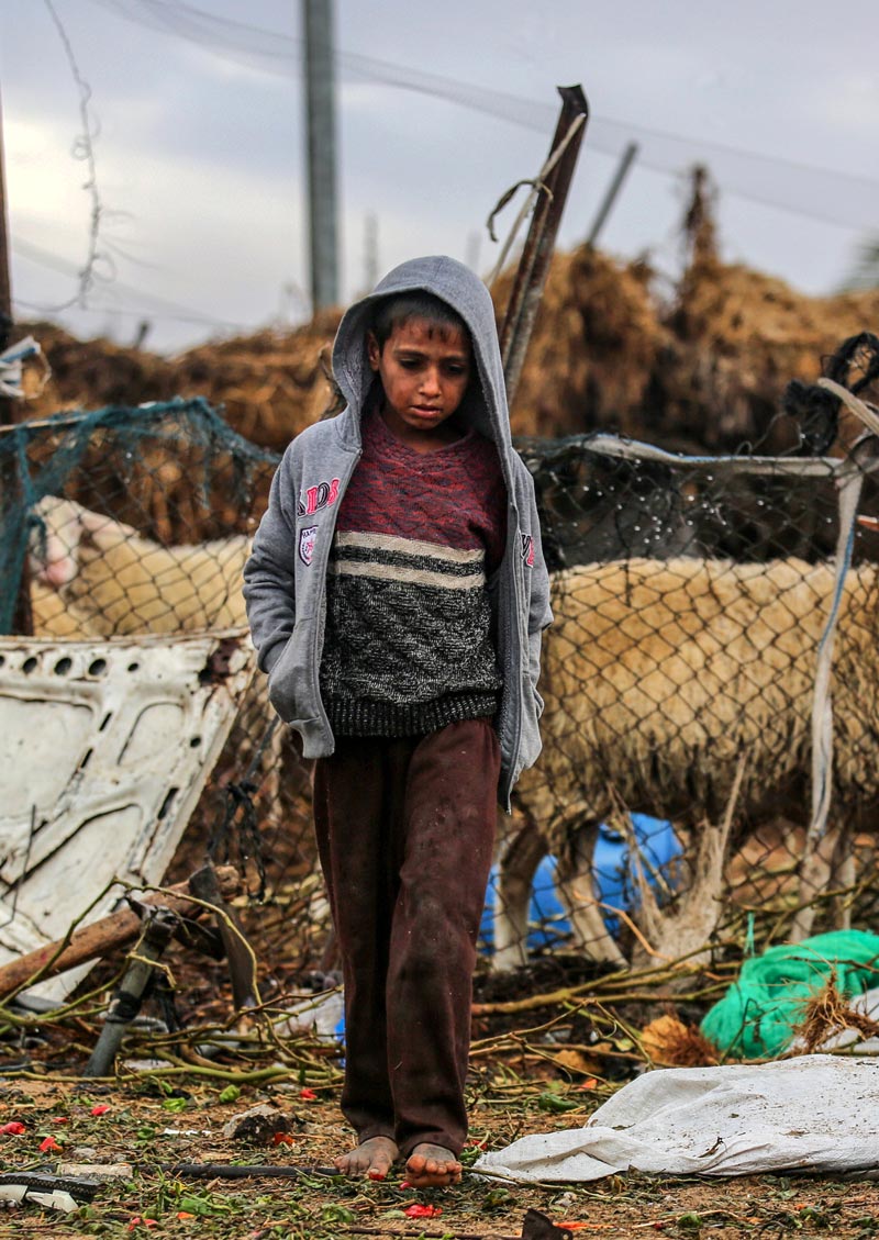 A Palestinian boy walks barefoot near a sheep enclosure in the Araiba refugee camp on rainy day (Палестинский мальчик идет босиком мимо загона для овец в лагере беженцев Араиба в дождливый день), 16 December 2020