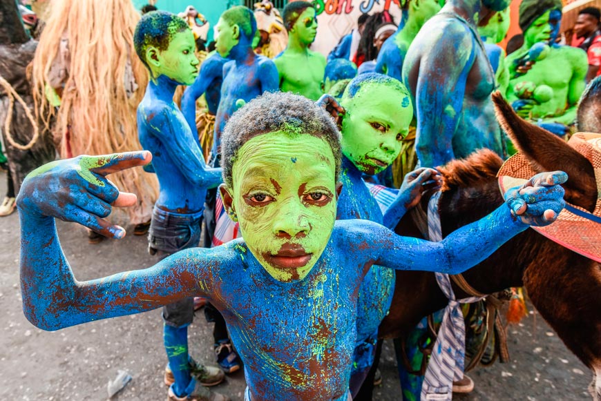 Children with painted faces participate in the Carnival parade (Дети с раскрашенными лицами участвуют в карнавальном шествии), 20 February 2022