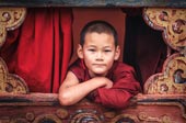 A novice monk leans on a balustrade / Послушник