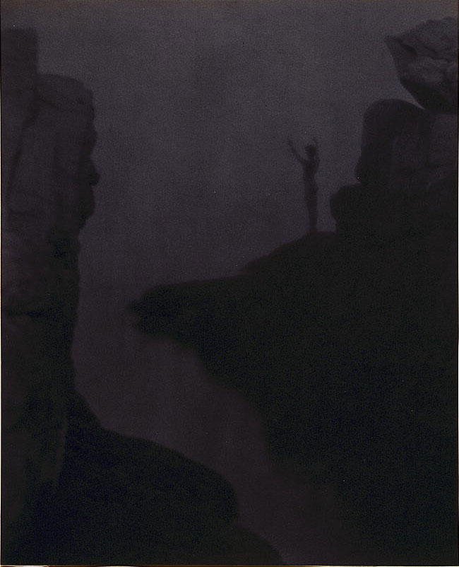 Nude boy in rocky landcape above water, arms raised, silhouette (Нагой мальчик с поднятыми руками в скалистом ландшафте над водой, силуэт), 1905