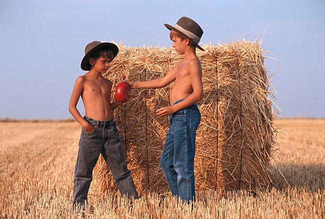 Boys in field holding water bottle (Мальчики на поле с фляжкой)