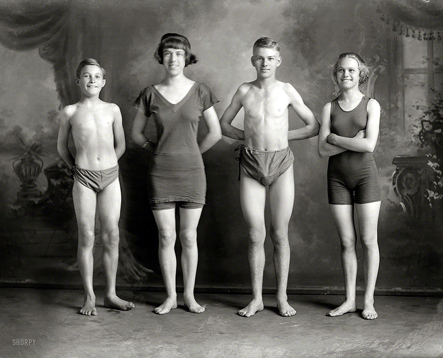 Young people in swimming costumes, more trend-setting swimwear, c.1920