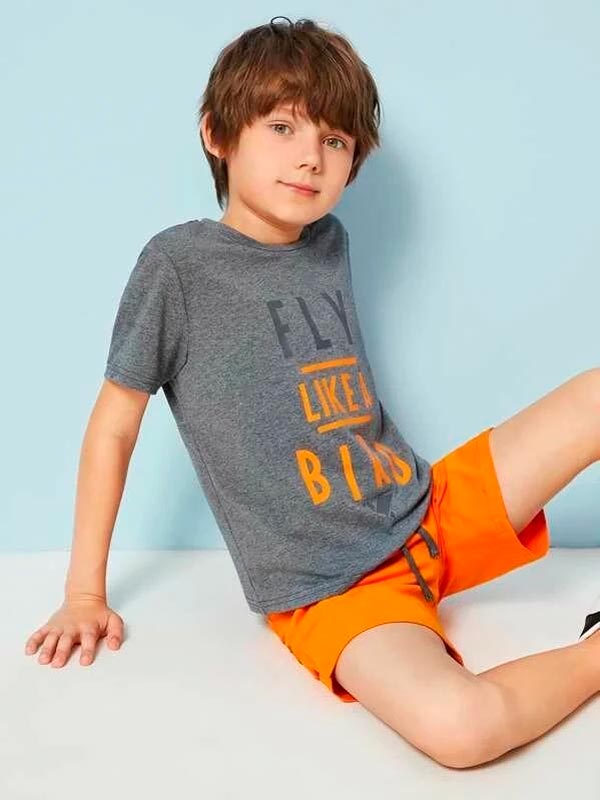 Boys slogan print top & neon orange shorts set (Комплект топ+шорты для мальчика), 2020