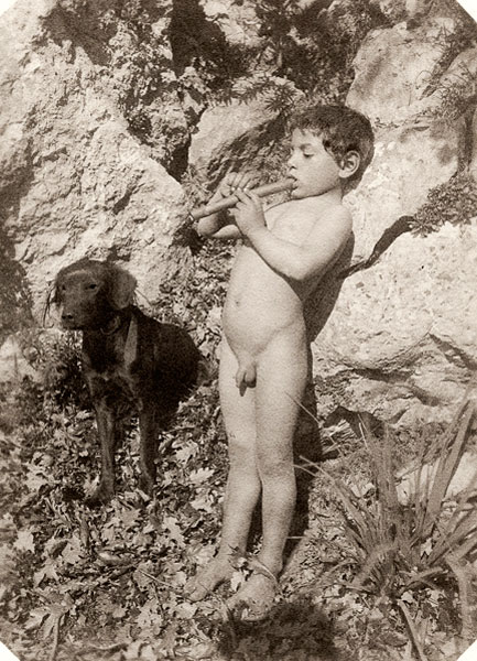 Nude boy playing flute with dog (Обнажённый мальчик с собакой, играющий на флейте), c.1899