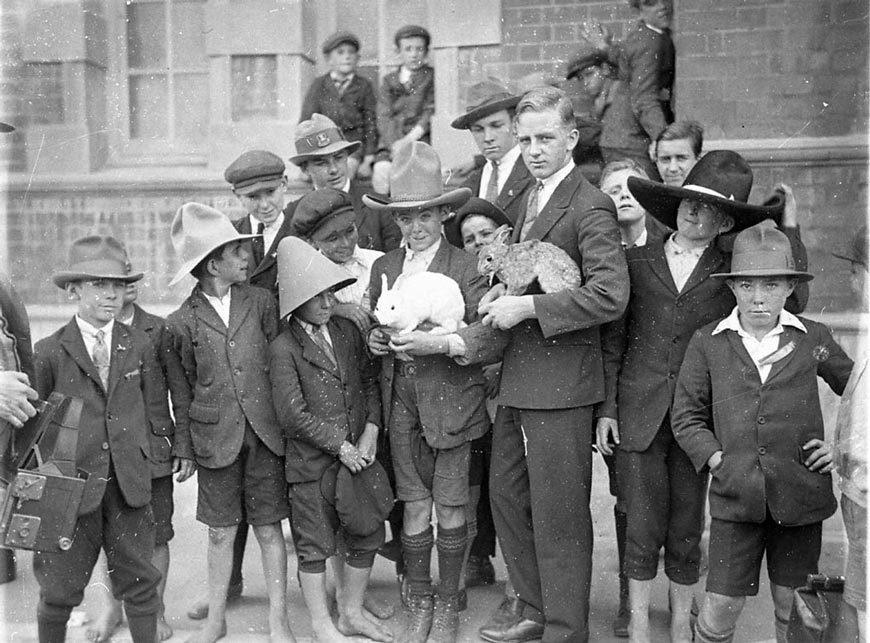 Fort Street schoolboys being shown rabbit fur felt hat-making (Школьникам с Форт-стрит показывают, как делают фетровые шляпы из кроличьего меха), 1927