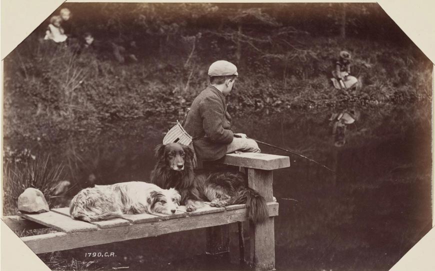 Young boy fishing with two dogs (Рыбачущий мальчик и две собаки)