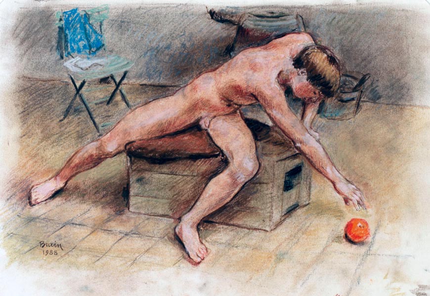 Adolescent garçon assis attrapant une pomme (Сидящий и ловящий яблоко мальчик-подросток), 1988