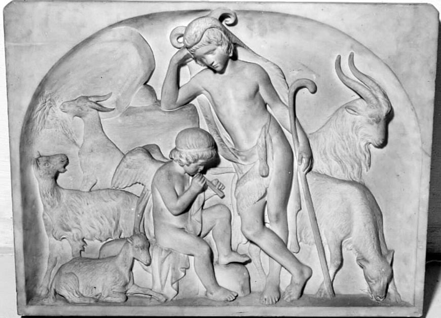 Hyrdescene. Siddende fløjtespillende vinget Amor og stående hyrdedreng, omgivet af geder (Пастушья сцена. Сидящий крылатый купидон играет на флейте, а пастушок стоит в окружении коз) 