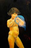Boy blowing up a balloon